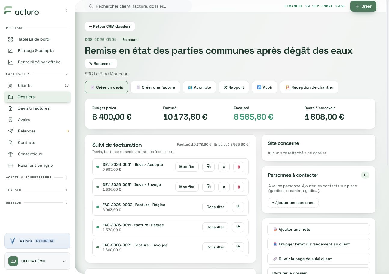Facturo : dossier de remise en état avec devis, factures réglées, encaissements et reste à percevoir