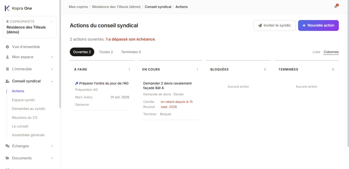 Kopra ONE : suivi des actions du conseil syndical