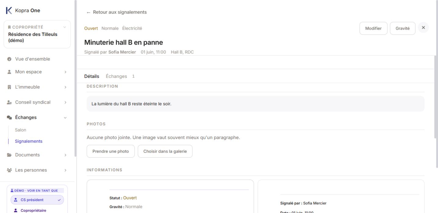 Kopra ONE : détail d’un signalement concernant la minuterie d’un hall, avec lieu, statut et description