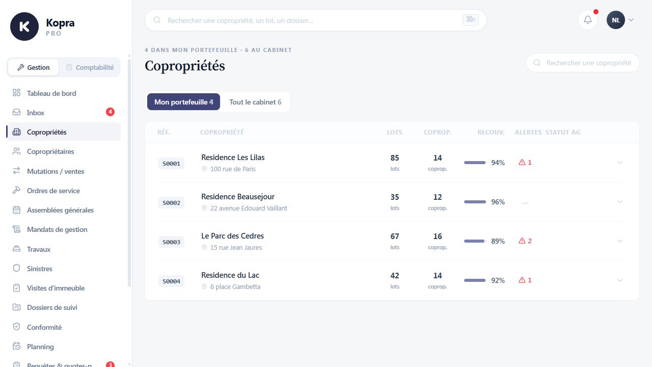 Kopra PRO : portefeuille de copropriétés avec lots, taux de recouvrement et alertes