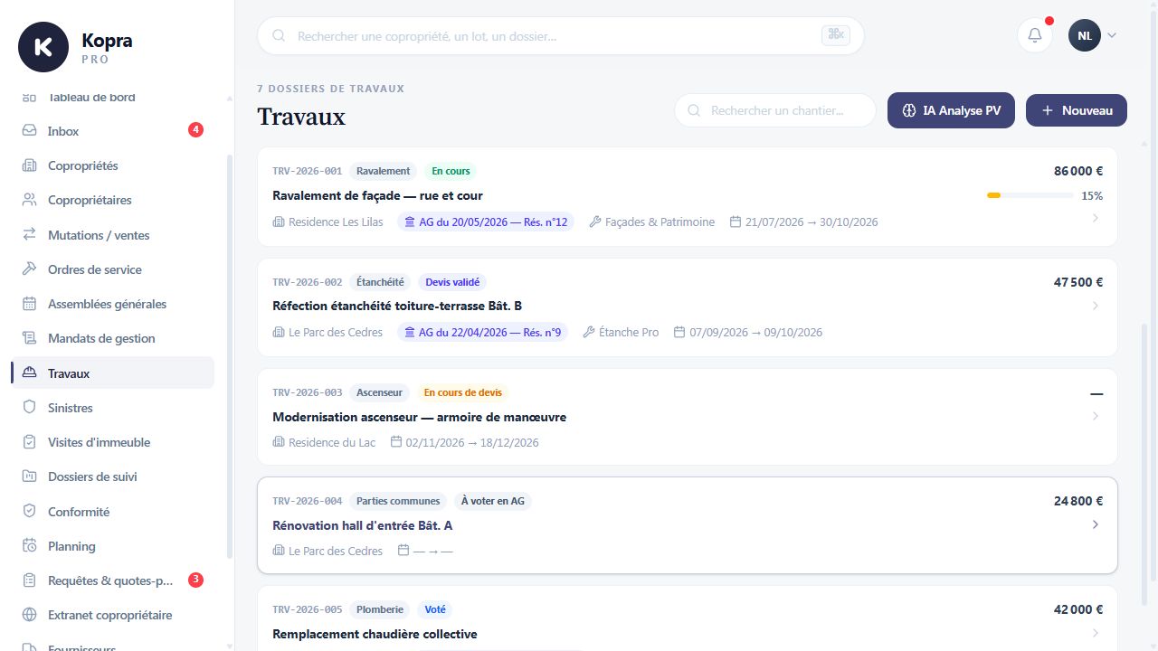 Kopra PRO : extraits des dossiers de travaux avec résidence, budget, dates et avancement