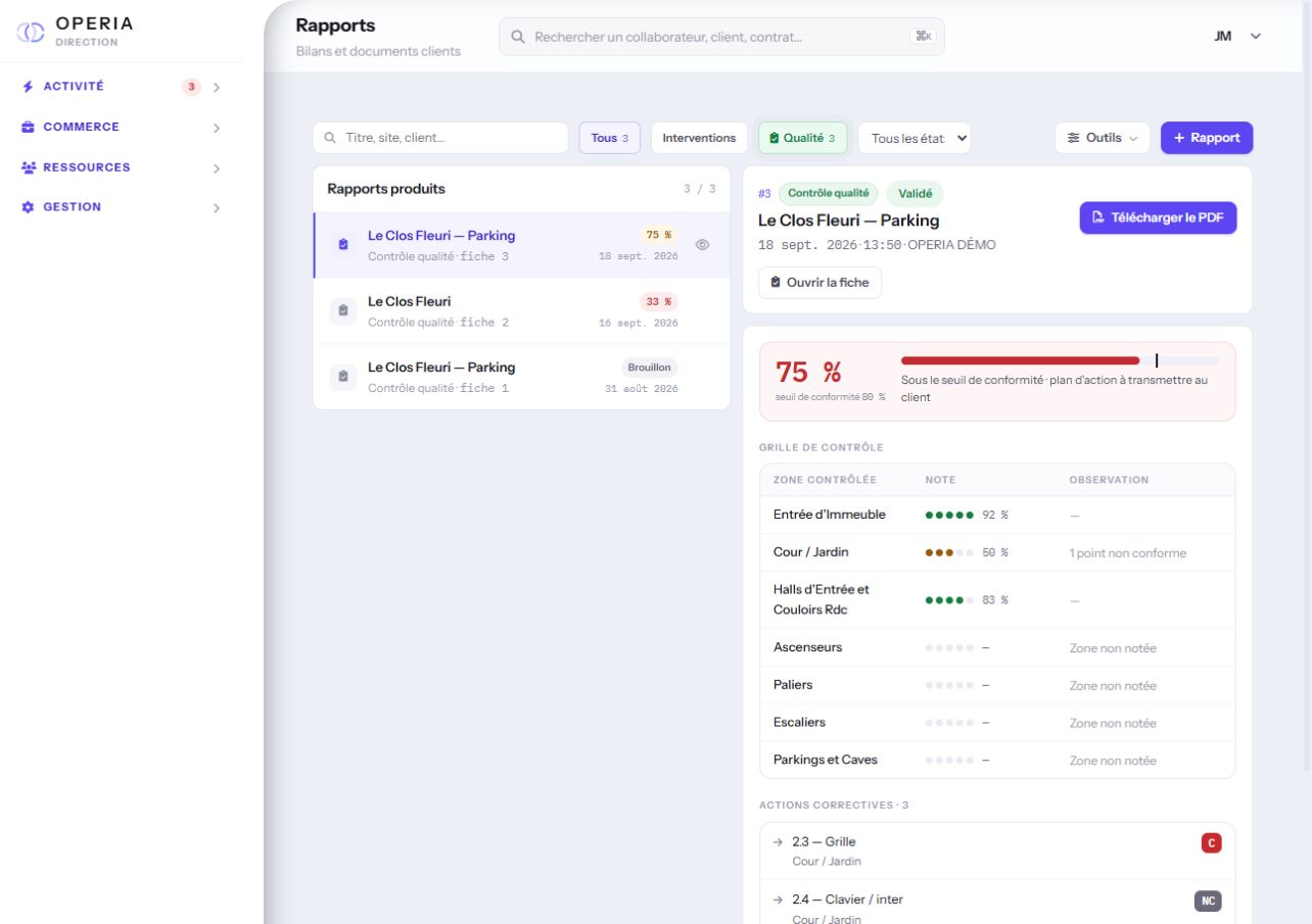 Operia : aperçu d’un contrôle qualité avec score global et notes par zone